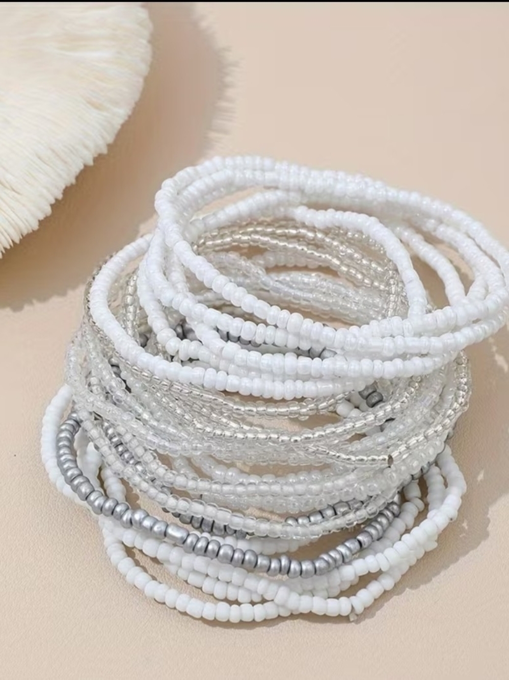 White & Silver Beaded Stretch Bracelet Set - Women Jewelry